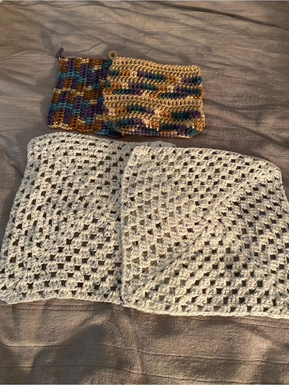 Hand-Crocheted White Granny Square dish cloths and potholders